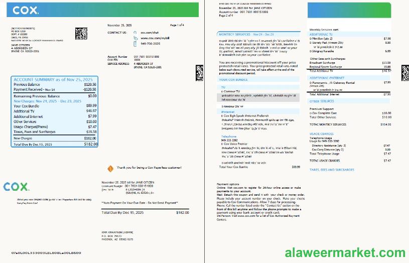 USA Cox utility bill template in Word and PDF formats, 4 pages, 1-2 pages